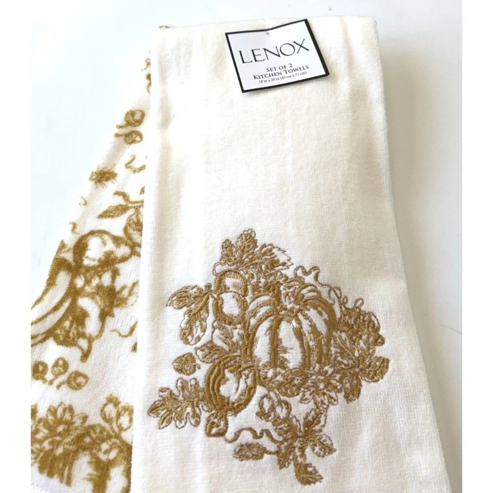 Lenox Ivory Gold Embroidered Pumpkin Toile Kitchen Towels 18x28 Thanksgiving